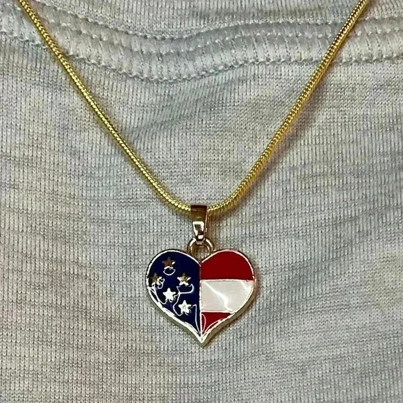 Handmade 18” Gold Red White & Blue Heart Necklace with Gold 1.2mm Snake Chain - Picture 9 of 9